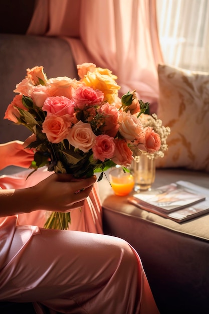 Una donna mette un bouquet di fiori nella stanza Generativa AI Natura