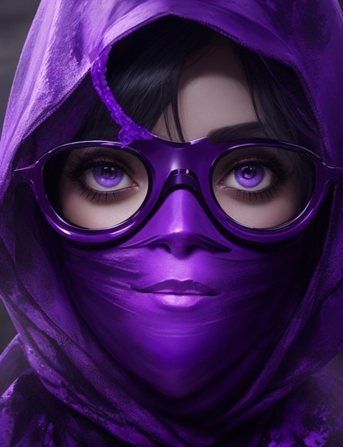 Una donna misteriosa con una maschera viola e gli occhiali gli occhi nascosti dietro un velo di dolore viola