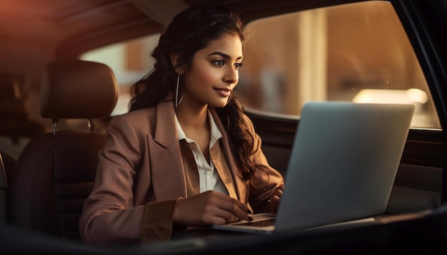 Una donna moderna con abiti moderni è seduta rilassata e sorridente a lavorare sul suo laptop