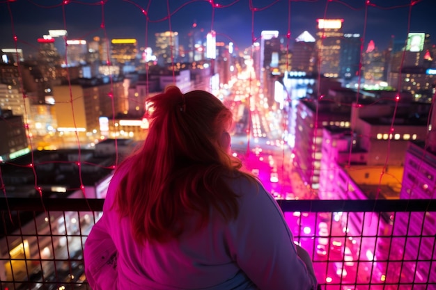 Una donna moderna taglie forti che si distingue per la modernità contro le vivaci strade al neon