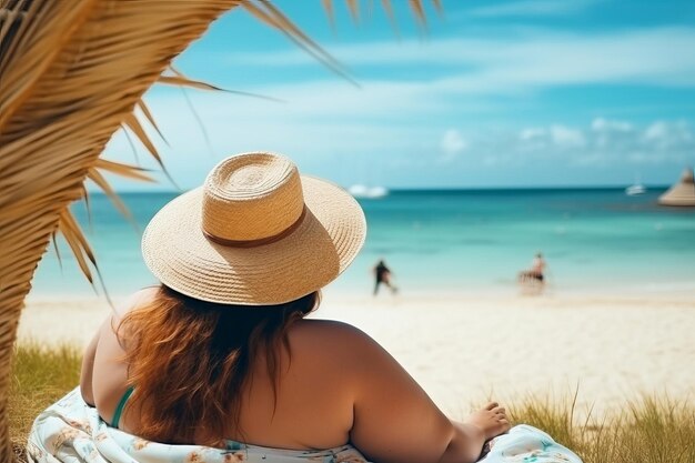 Una donna molto grassa si gode le sue vacanze rilassandosi sulla spiaggia sullo sfondo spiaggia e mare generato da AI