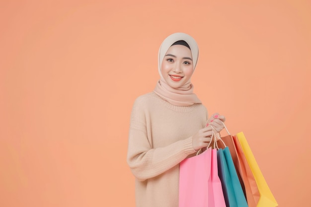 Una donna musulmana asiatica celebra la Giornata mondiale dei diritti dei consumatori con sacchetti da spesa