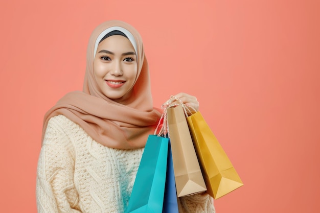 Una donna musulmana asiatica celebra la Giornata mondiale dei diritti dei consumatori con sacchetti da spesa