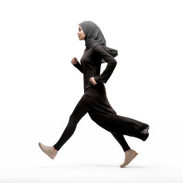 Una donna musulmana che indossa l'hijab corre su uno sfondo bianco generato dall'AI