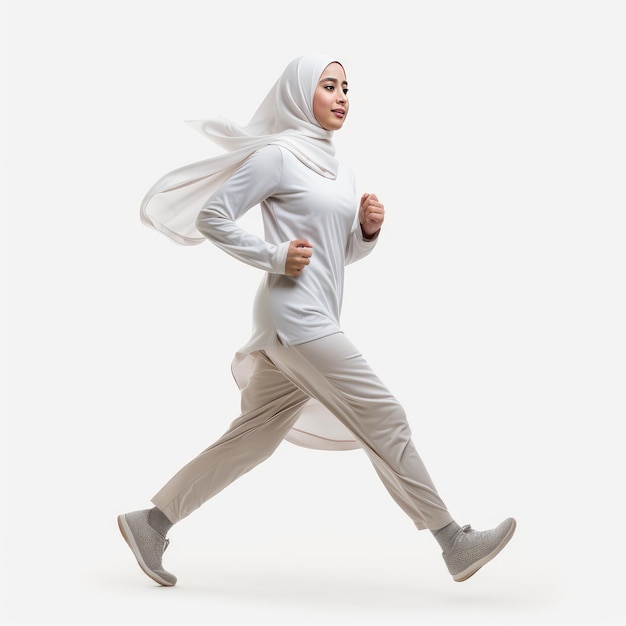 Una donna musulmana che indossa l'hijab corre su uno sfondo bianco generato dall'AI