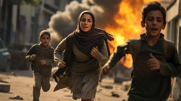 Una donna musulmana e i suoi figli fuggono dalla guerra una famiglia in mezzo alle rovine emozioni di paura e orrore rifugiati