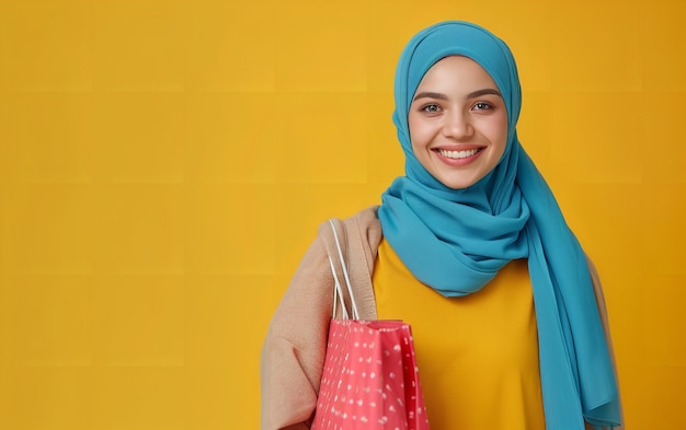 Una donna musulmana felice che tiene una borsa della spesa contro uno sfondo giallo pulito AI generativa