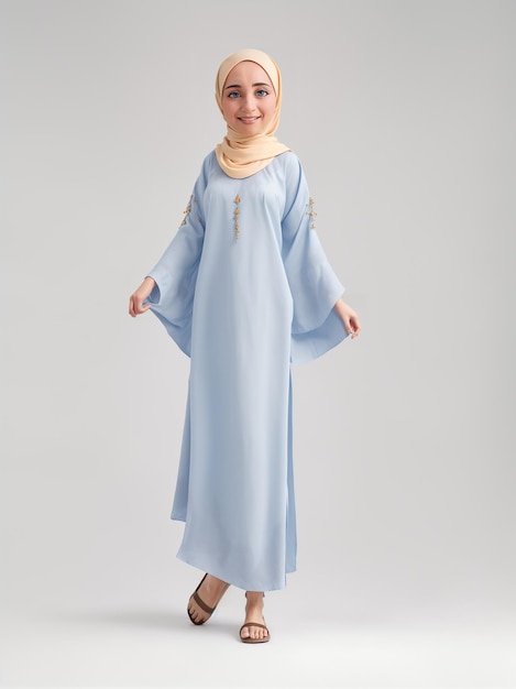 una donna musulmana in un vestito blu hijab abaya caftan