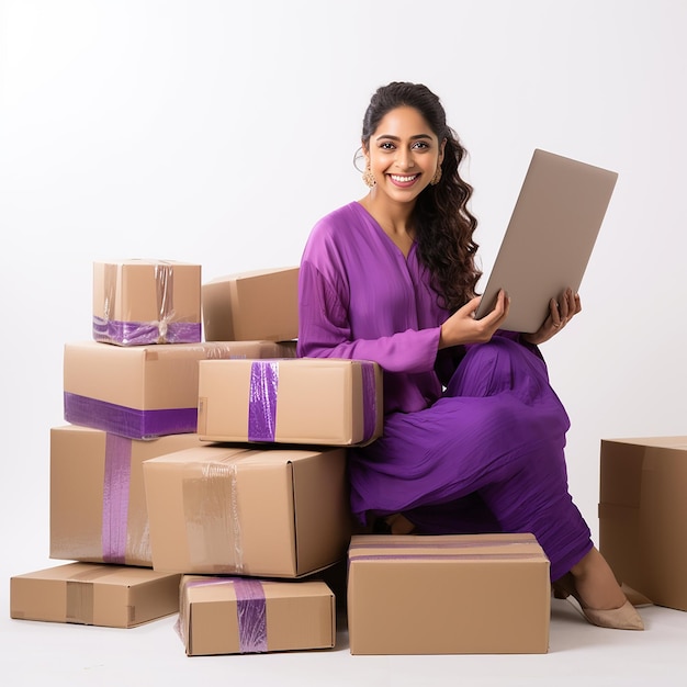 Una donna musulmana indiana felice con un saree viola che sta confezionando scatole vendite online lavoro online concept