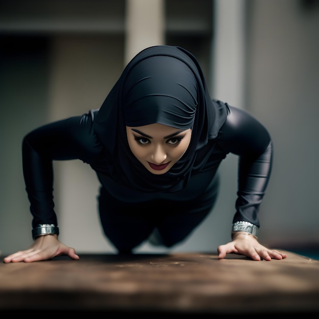 Una donna musulmana indonesiana che indossa un hijab e indossa abbigliamento sportivo in spandex sta facendo esercizi di push up