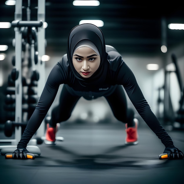 Una donna musulmana indonesiana che indossa un hijab e indossa abbigliamento sportivo in spandex sta facendo esercizi di push up