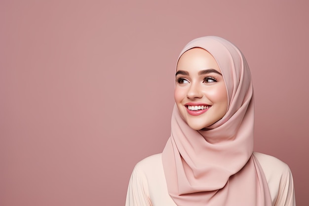 Una donna musulmana malese su sfondo rosa con spazio per la copia