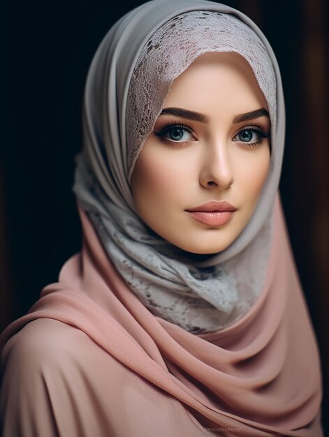 Una donna musulmana modello di trucco pubblicità cura della pelle pelle del viso luminosa indossando l'hijab