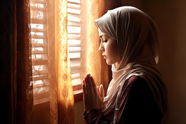 Una donna musulmana religiosa che prega all'interno della moschea