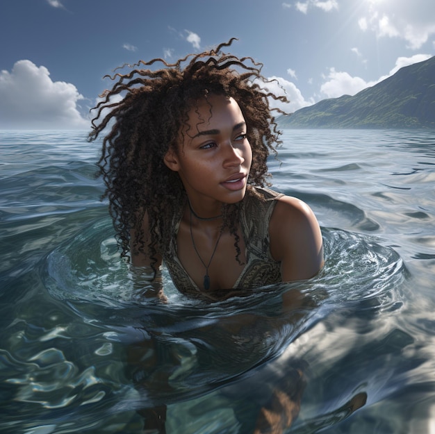 una donna nell'acqua con i capelli nell'acqua.