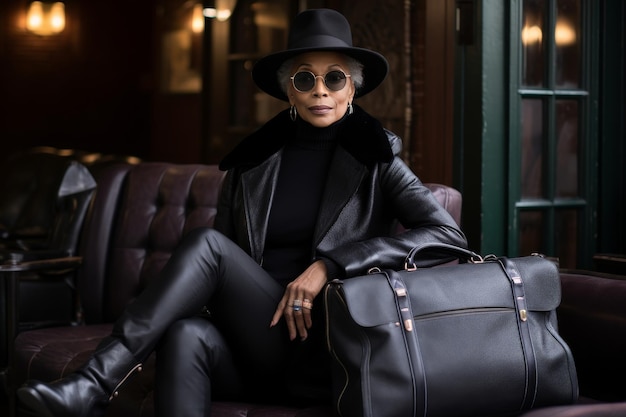 Una donna nera anziana elegante in nero con accessori alla moda è seduta sul divano