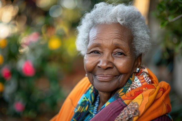 Una donna nera anziana felice fuori con spazio per il testo Generative Ai