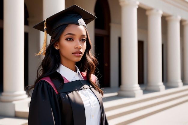 Una donna nera di 25 anni che indossa un berretto e un abito celebra la sua laurea davanti al suo universo