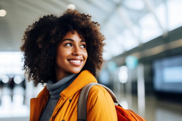Una donna nera felice all'aeroporto perché sta per viaggiare