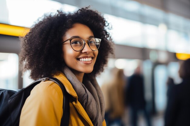 Una donna nera felice all'aeroporto perché sta per viaggiare