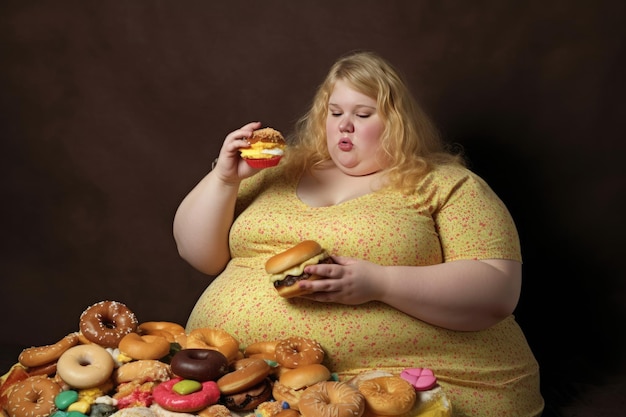 Una donna obesa che mangia cibo spazzatura IA generativa