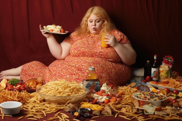Una donna obesa che mangia cibo spazzatura IA generativa