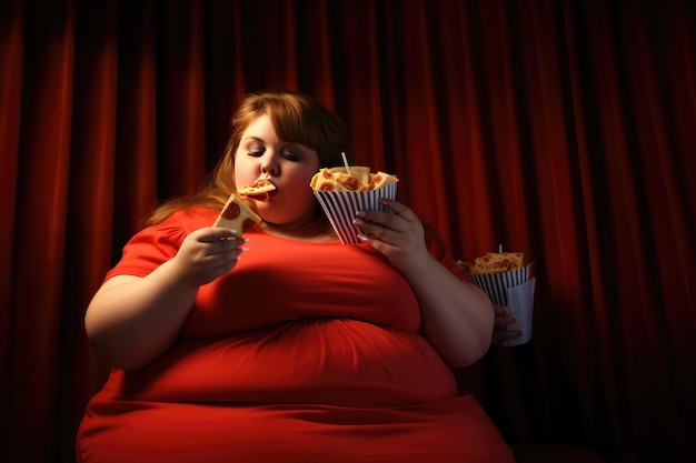 Una donna obesa che mangia cibo spazzatura IA generativa