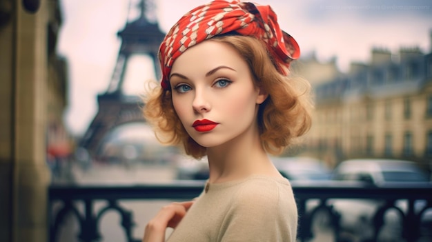 Una donna parigina alla moda posa con sicurezza sullo sfondo incantevole della Torre Eiffel, catturando l'essenza dell'eleganza parigina generata dall'intelligenza artificiale