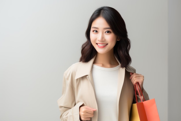 Una donna piuttosto asiatica che sorride e tiene le borse della spesa sentendosi felice e godendosi i saldi del black friday nello shopping del centro commerciale