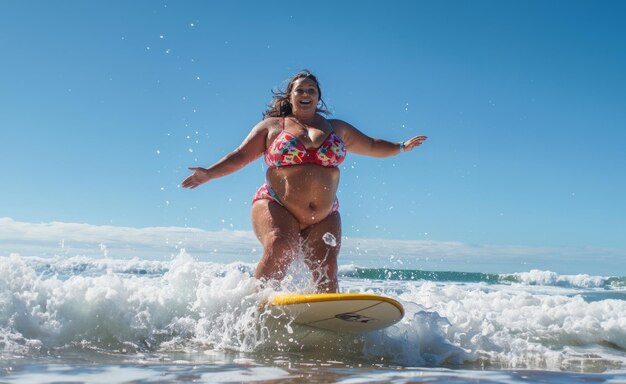 una donna plusize cavalca una tavola da surf su una spiaggia splendida durante un giorno di sole generato immagine