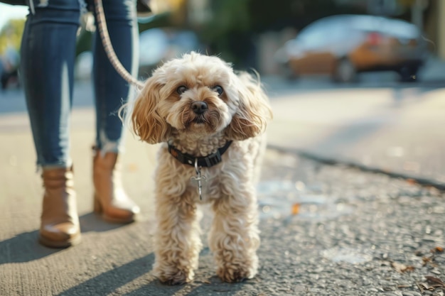 Una donna porta il suo adorabile cane a fare una passeggiata nel parco di strada