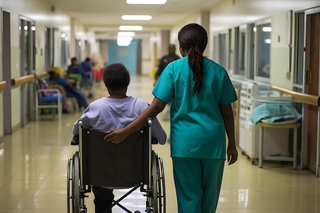 Una donna porta un paziente in sedia a rotelle lungo il corridoio della clinica