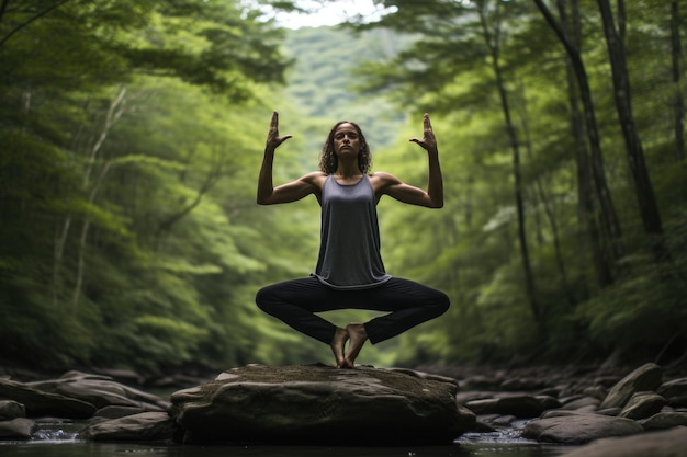 Una donna pratica pacificamente lo yoga nell'ambiente sereno di una bellissima foresta Appassionato di fitness che fa una complessa posa yoga nella natura Generato dall'intelligenza artificiale