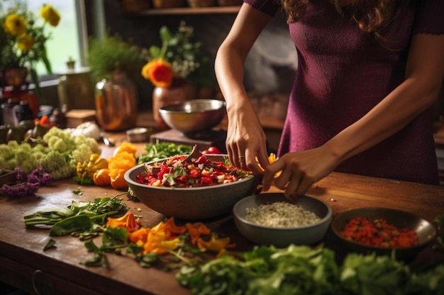 una donna prepara un'insalata sul bancone della cucina.