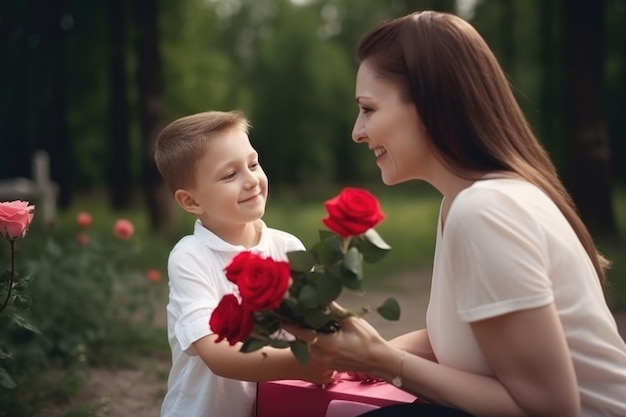 Una donna presenta a un ragazzino un mazzo di rose creato con la tecnologia dell'IA generativa