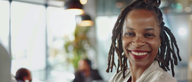 Una donna professionale con un sorriso vivace proietta fiducia e accessibilità al lavoro