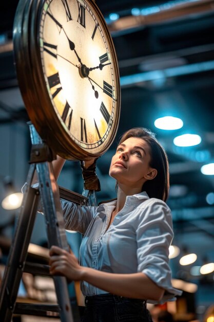 una donna professionista che regola un grande orologio d'ufficio al suo posto di lavoro