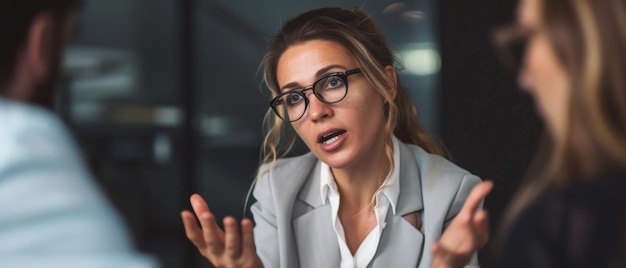 Una donna professionista con gli occhiali parla con enfasi durante una riunione illustrando la comunicazione dinamica sul posto di lavoro