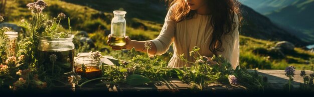 Una donna raccoglie erbe medicinali AI generativa Natura