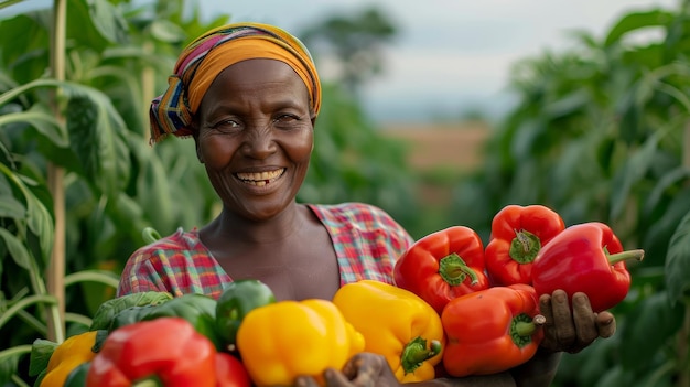 Una donna raccoglie un cesto di verdure fresche in un campo illuminato dal sole