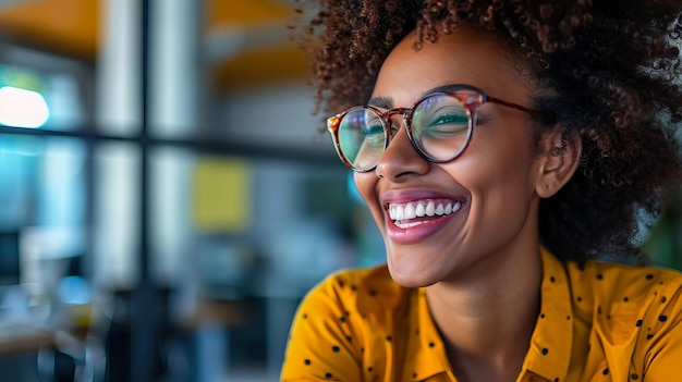 Una donna radiosa in abiti luminosi irradia di gioia il suo sorriso che significa felicità e fiducia è generativa dell'intelligenza artificiale