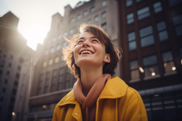 Una donna raggiante di felicità davanti a un edificio moderno in una vivace strada della città