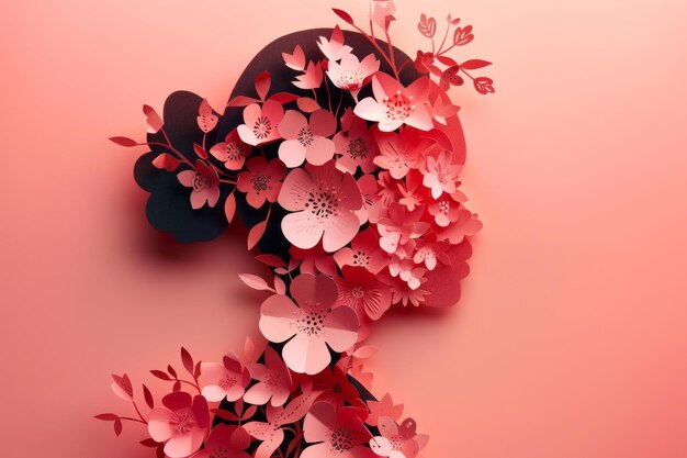 Una donna realizzata con fiori di carta in stile papercut su uno sfondo rosa AI generativa