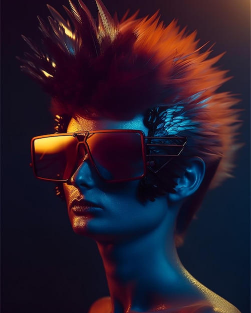 Una donna robotica con un mohawk e una luce al neon rossa e blu che indossa occhiali da sole futuristici