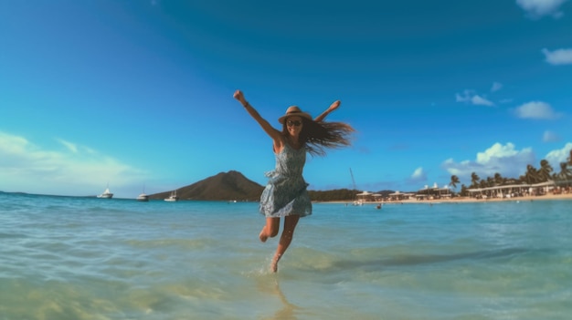 Una donna salta in acqua con un cielo blu sullo sfondo.