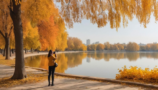 Una donna scatta foto di un lago circondato da alberi con foglie arancioni e gialle nel parco di Herastrau