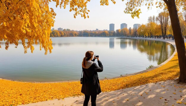 Una donna scatta foto di un lago circondato da alberi con foglie arancioni e gialle nel parco di Herastrau