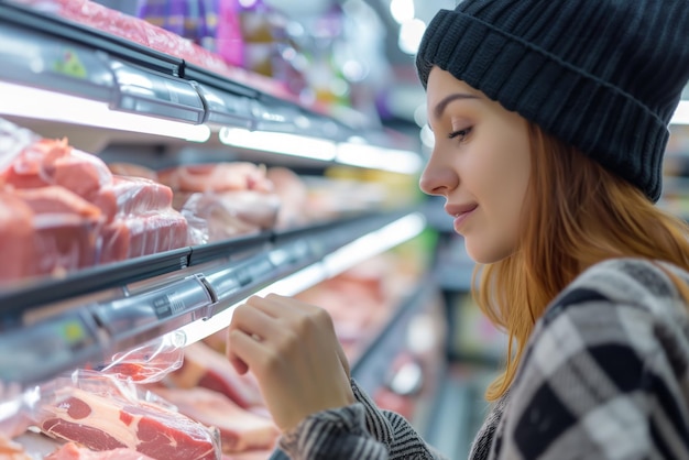 Una donna sceglie attentamente la carne fresca sullo scaffale del supermercato