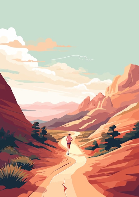 Una donna scende da una montagna con le montagne sullo sfondo.