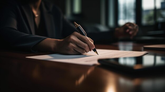 Una donna scrive su un pezzo di carta con una penna.